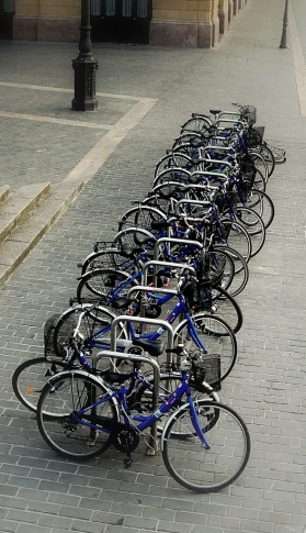 many bicycles have been lined up along the curb in the city
