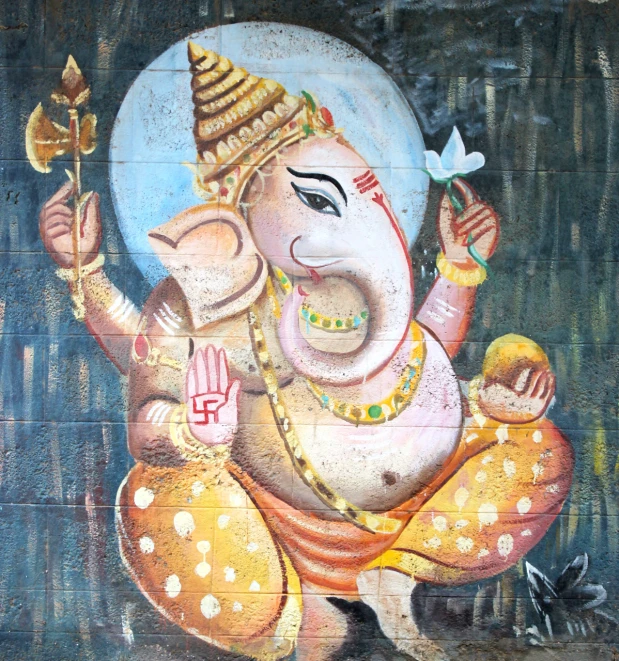 an old colorful painting on the wall that depicts an elephant