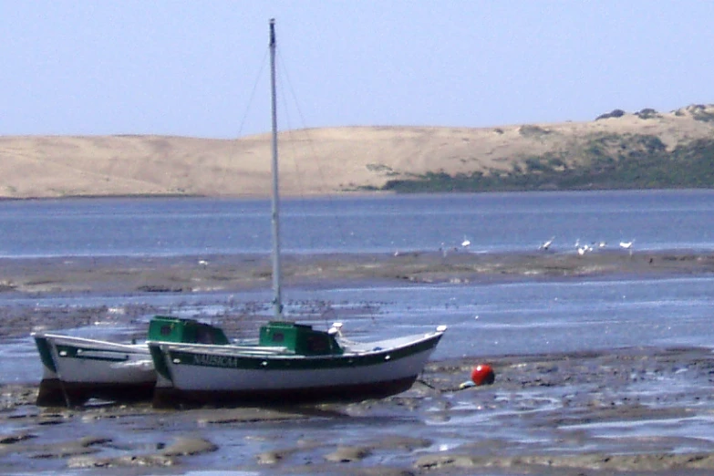 two small boats on the shore in a lake