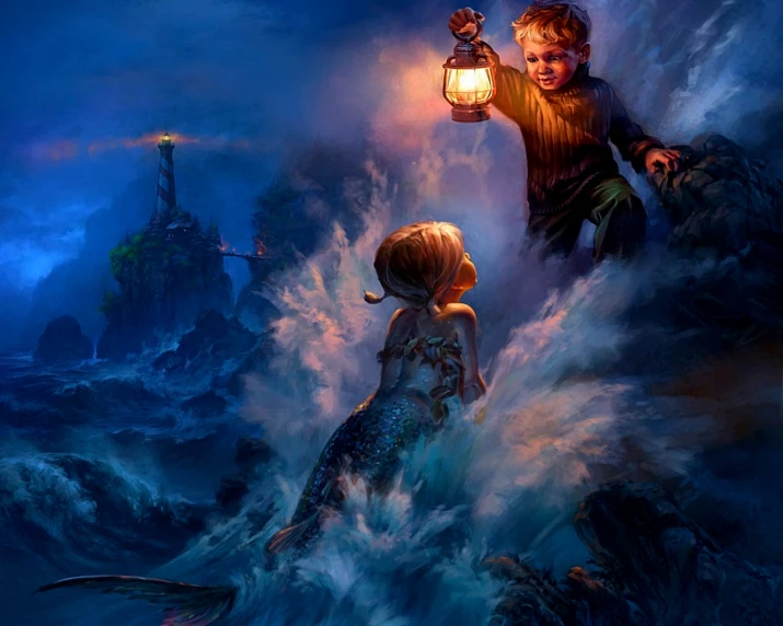 children in the ocean with a light on their hands