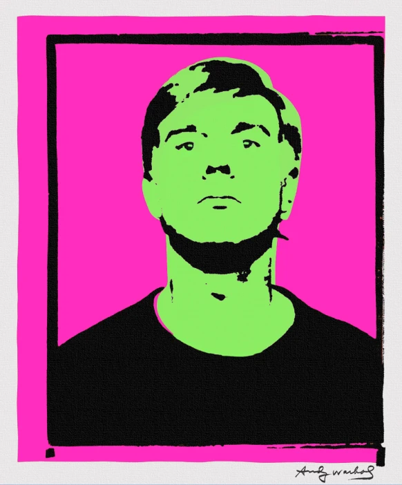 a green face on a pink background in front of a po