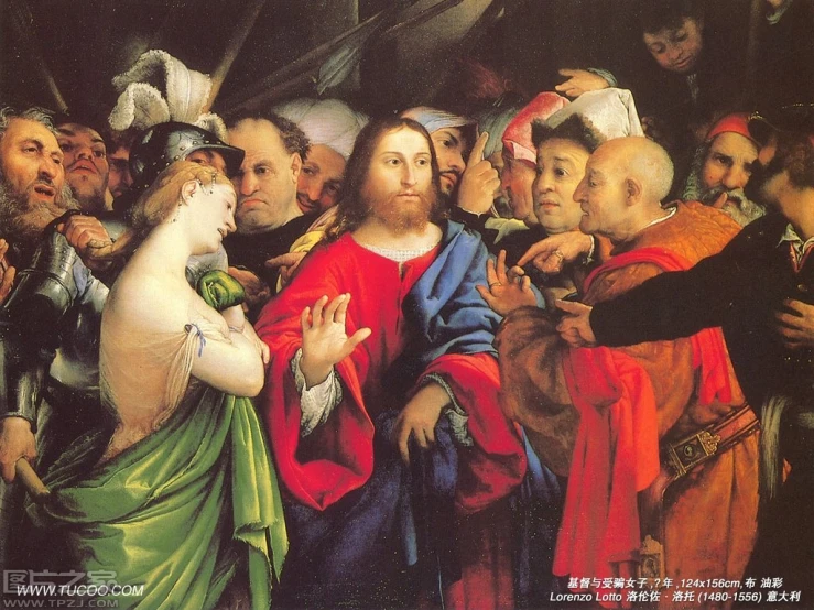 a painting of several people, with the woman being handed an apple