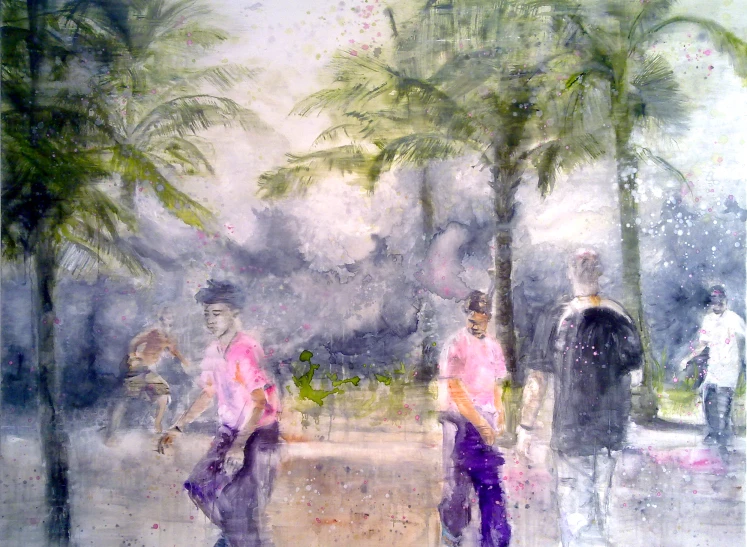 an artistic painting of two men in pink walking in the rain