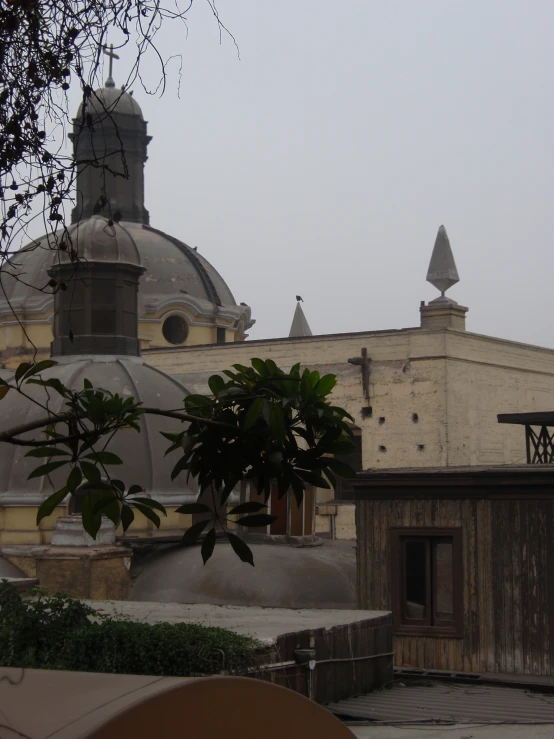 two buildings on a street with trees around them