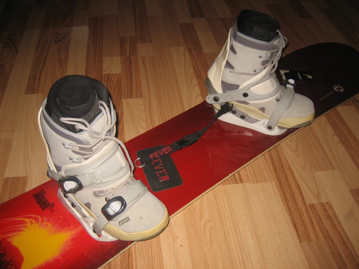 two feet on a snow board resting against the soles of their shoes