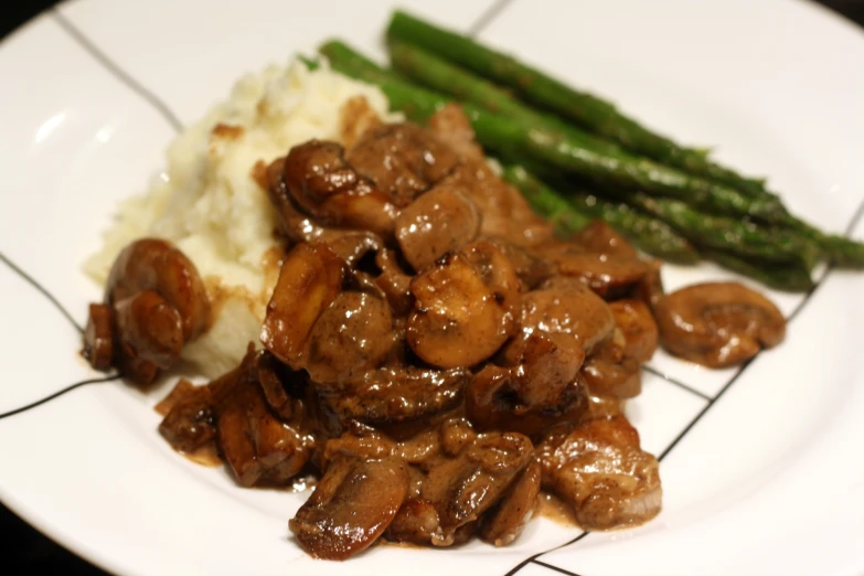 a plate of food with mushrooms, mashed potatoes and green beans