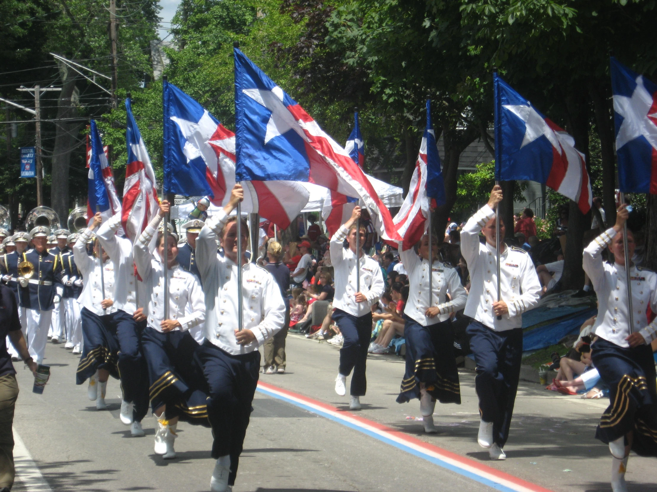 many people are marching with flag banners