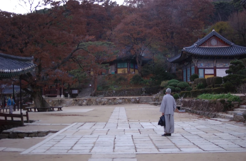 woman wearing gray walking down a pathway with trees in the background