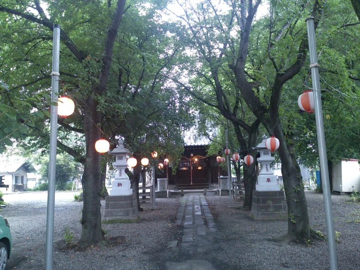 a park with many lights and benches along the trees