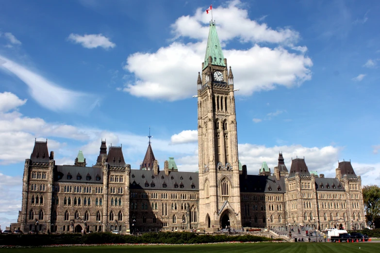 large old building with clock tower with sky and clouds