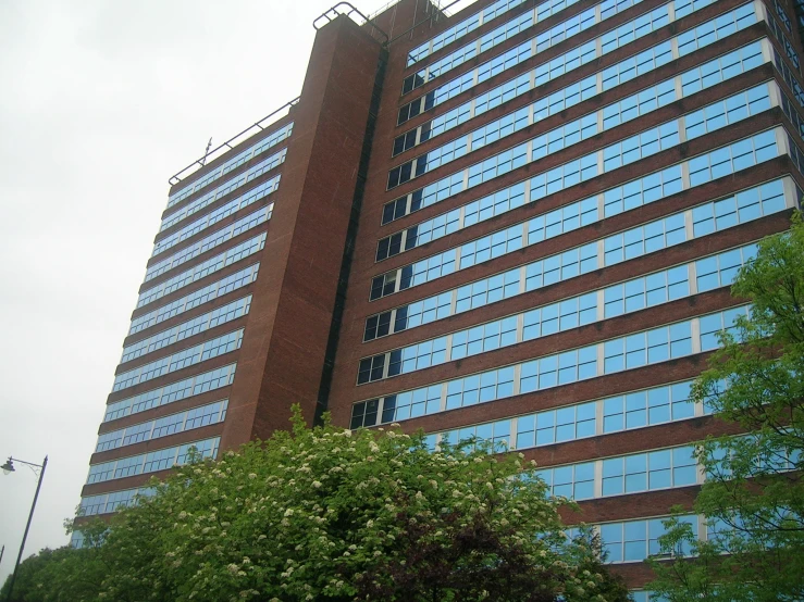 a large brown and blue building surrounded by trees