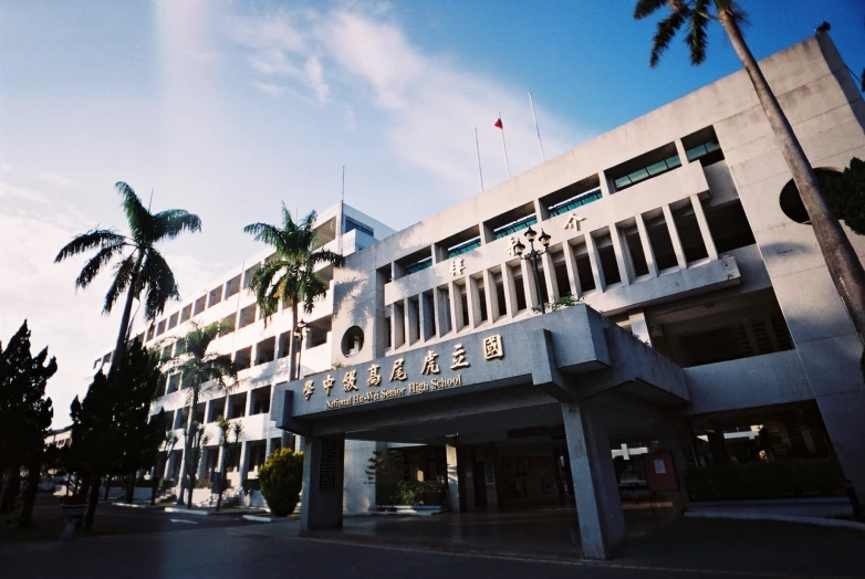 a large white building with palm trees around it