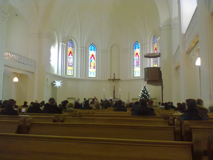 several people sitting at church pews looking out over a small christmas tree