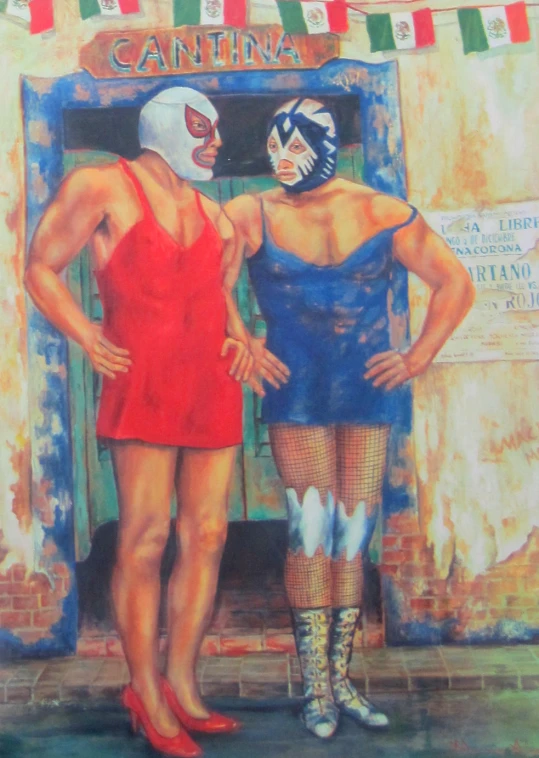 a painting of a couple wearing masks