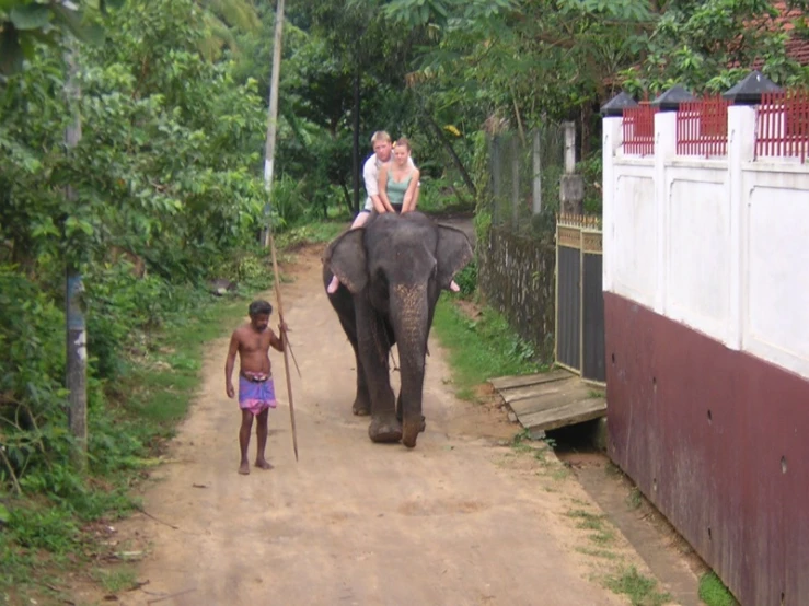 a man and child ride on the back of an elephant