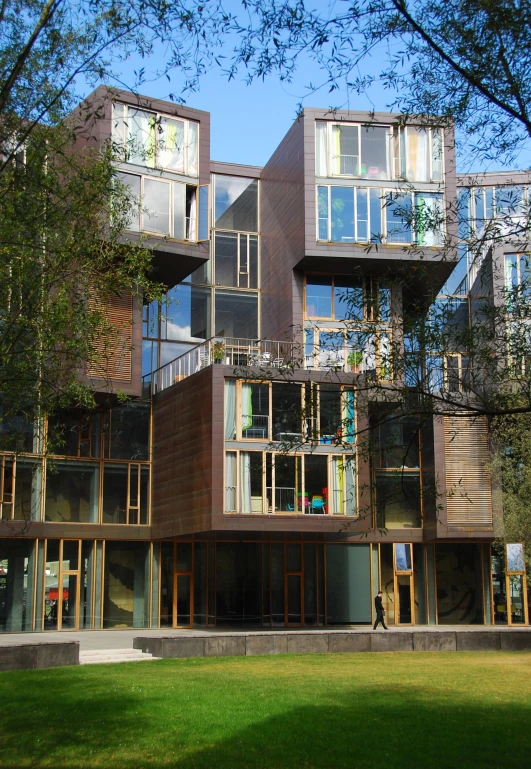 a row of buildings sitting in front of a tree