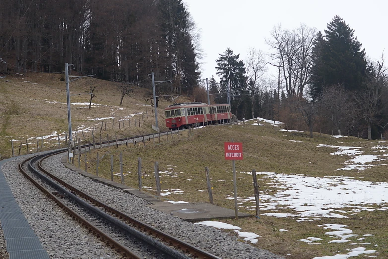 a red train traveling along tracks past a forest