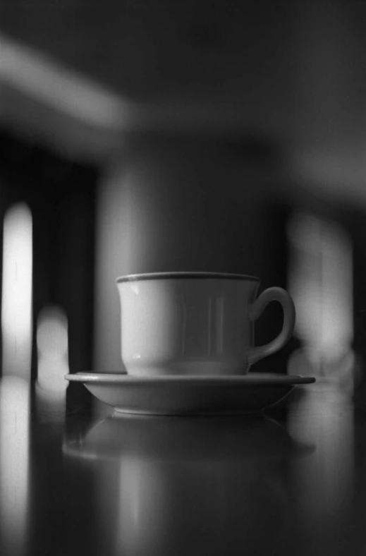 a white cup and saucer sits on the counter