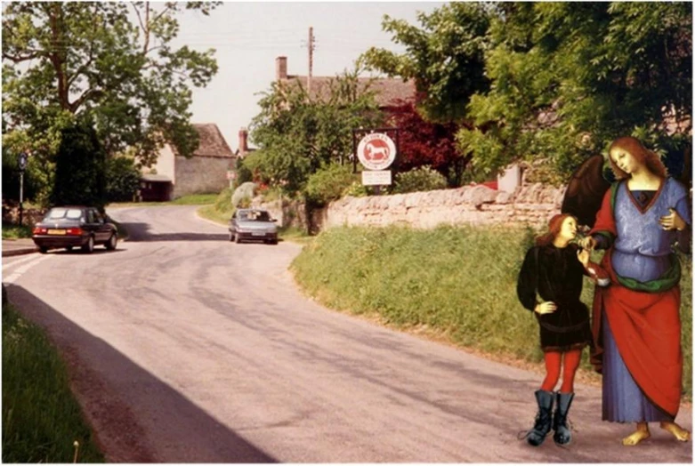 a woman standing on the side of a road next to an older women