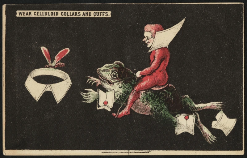 an old picture with a man riding a frog