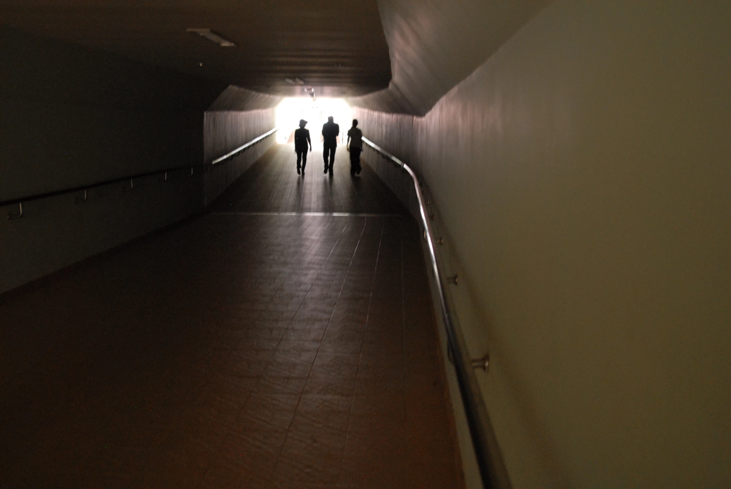 two people walking through a tunnel at night