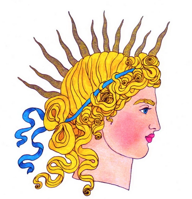 a woman with a yellow hair and blue ribbon on her head