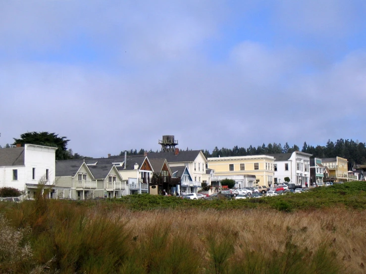 some white houses are sitting on a hill