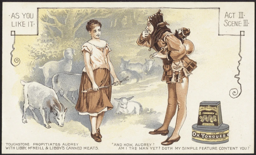 a man in an unusual garb is telling soing to a little girl