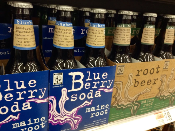 the front and back shelves are stocked with bottles of root beer