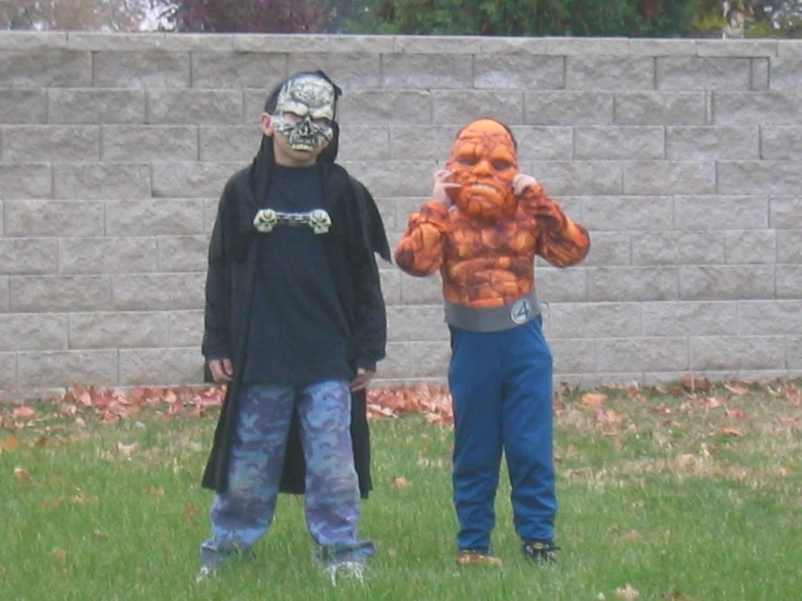 two s dressed up in costumes standing on the grass