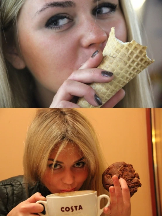 two pictures of girls eating an ice cream and a cup