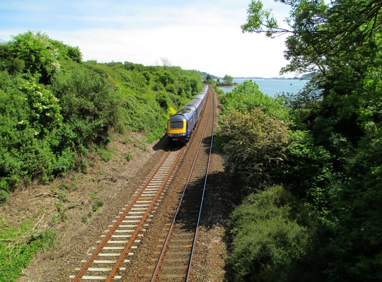 the train is going along the tracks by the water