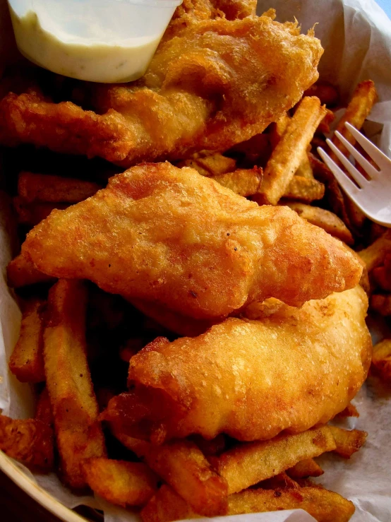 fish and fries in a basket with a dip