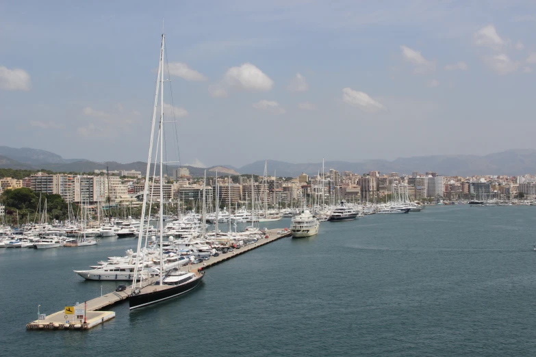 boats and sailboats docked at a dock in front of the city