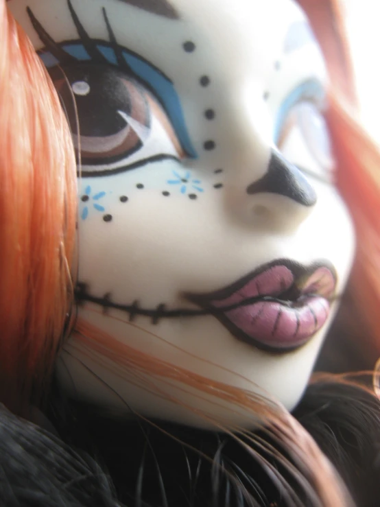 a girl with red hair has a skeleton face