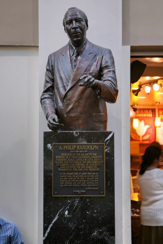 a bust of a man with his hands on his chest