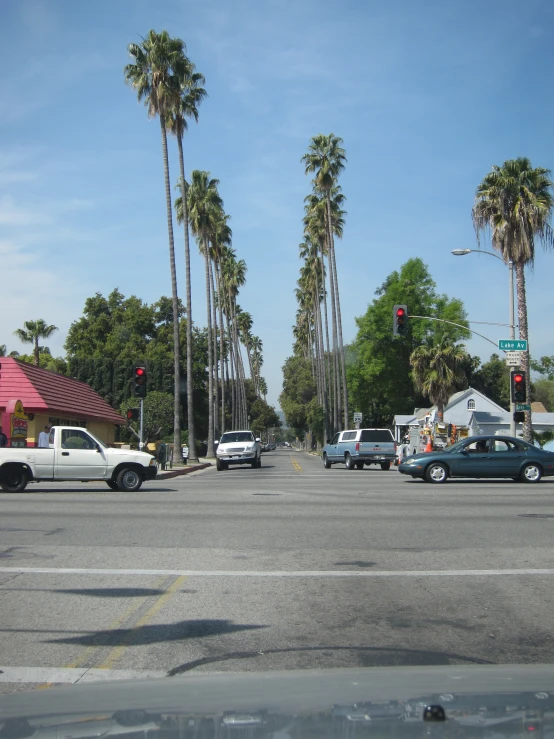 a traffic light with palm trees in the background