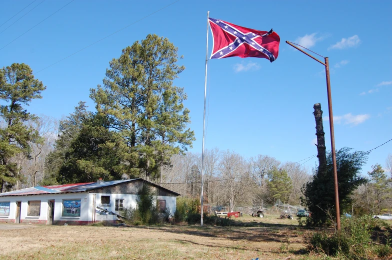 a flag is fluttering from a pole in front of a house