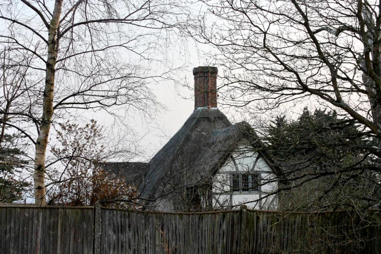 a thatched roof house with a fence surrounding it