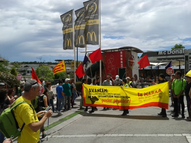 there are many protesters with flags and signs