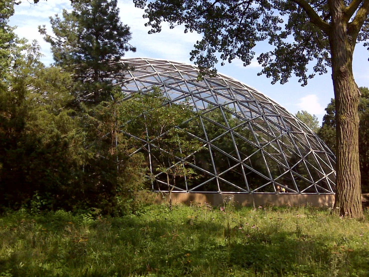 a large metal structure next to a tree