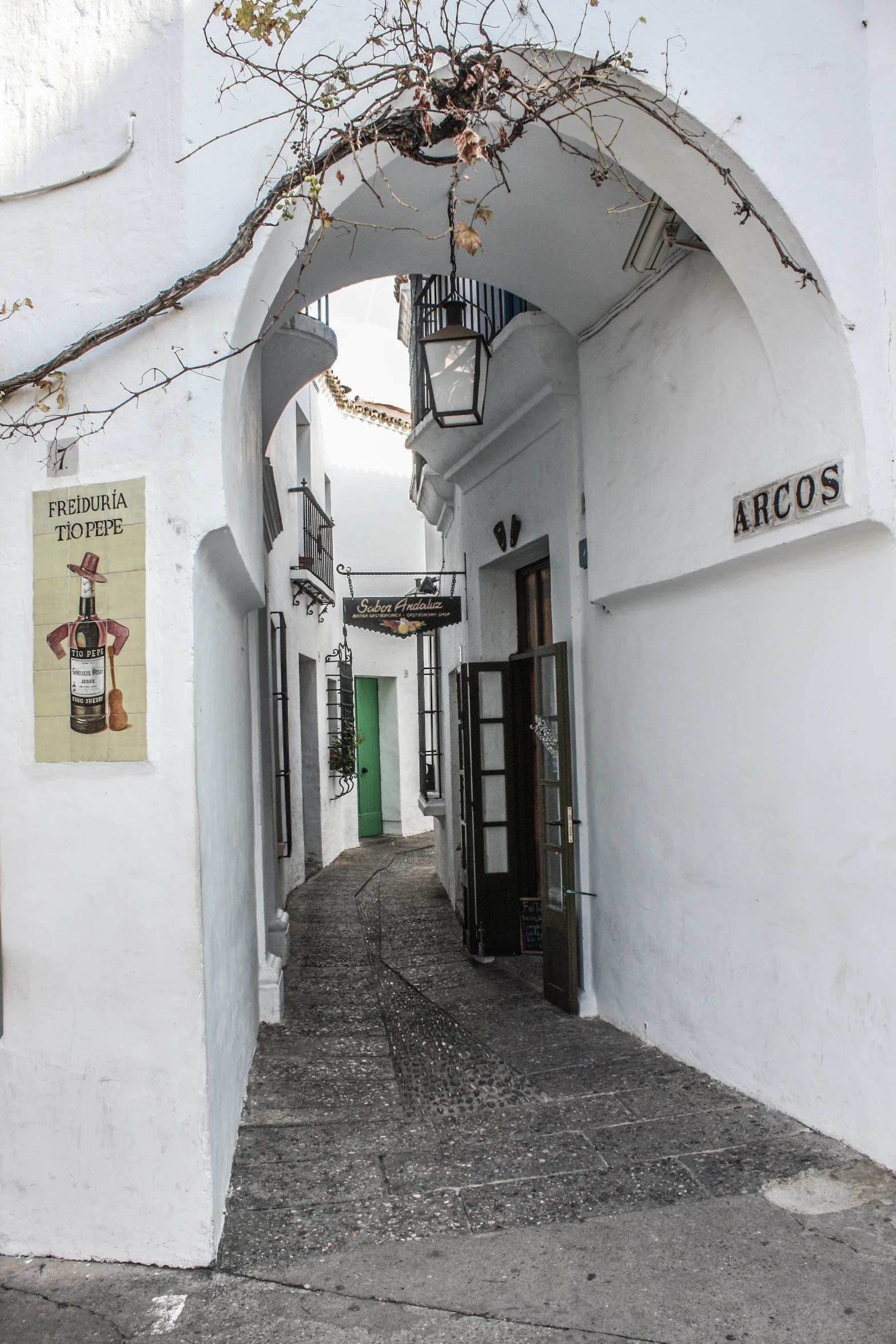 some buildings with an arch and signage on the front