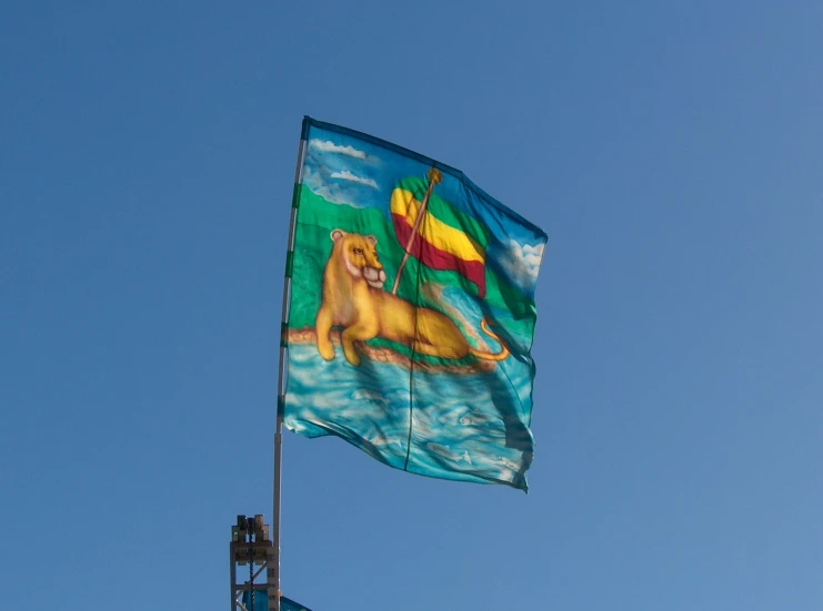 a large green and yellow flag and a tower