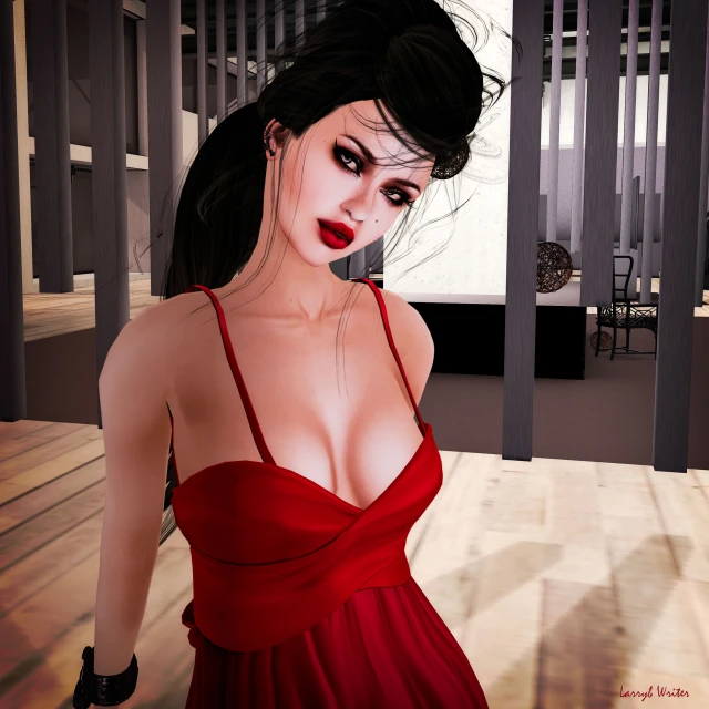 a computer generated image of a female figure in a red dress