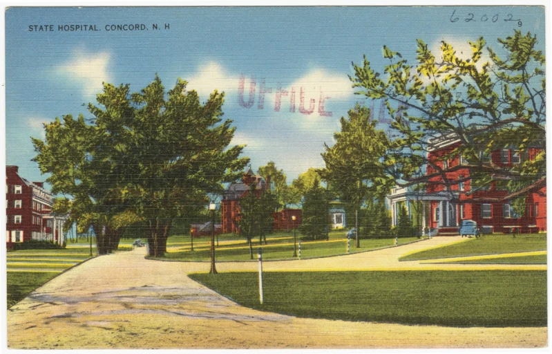 a postcard features a pathway that follows to the front door of a large brick building and several trees along side it