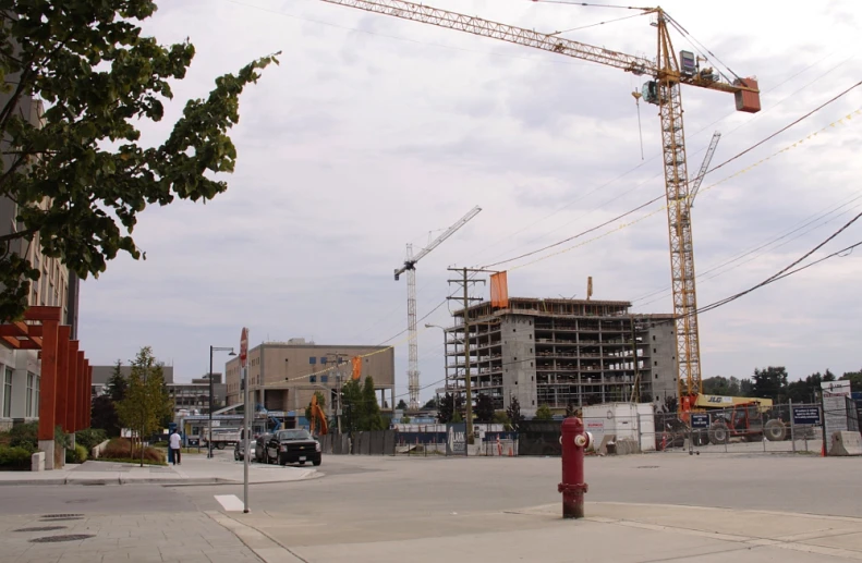 a view of some very tall cranes on a road