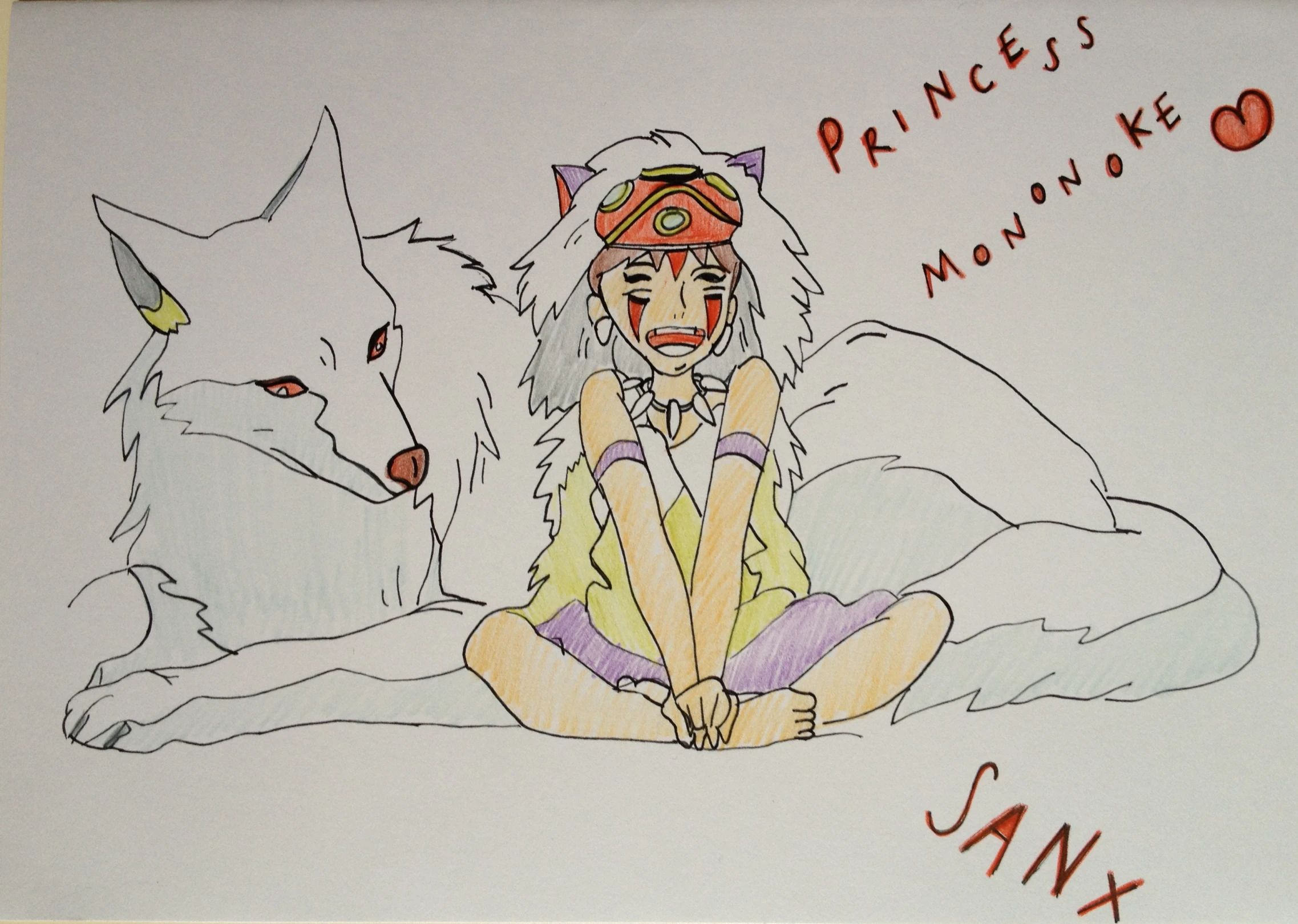 two drawings with a girl sitting between a dog and a wolf