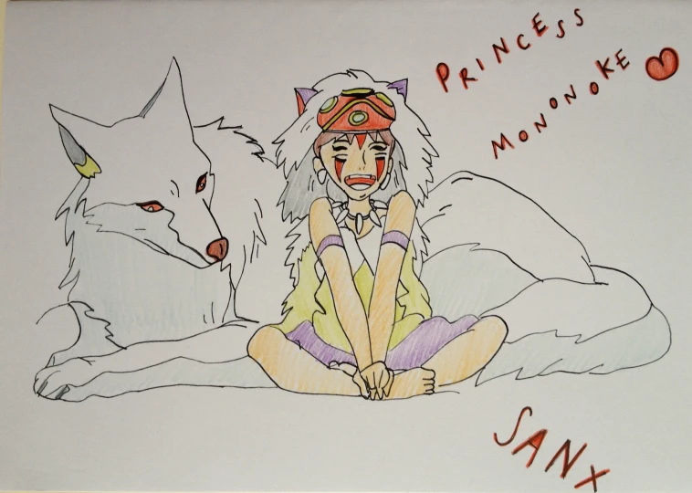 two drawings with a girl sitting between a dog and a wolf