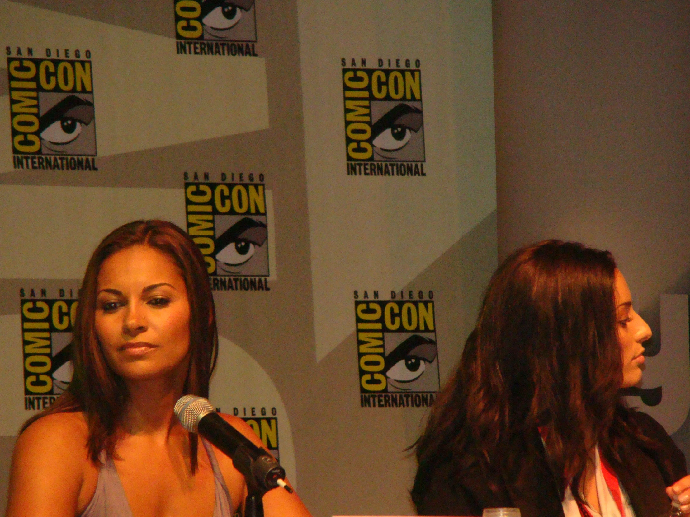 three woman are sitting at a table in front of microphones