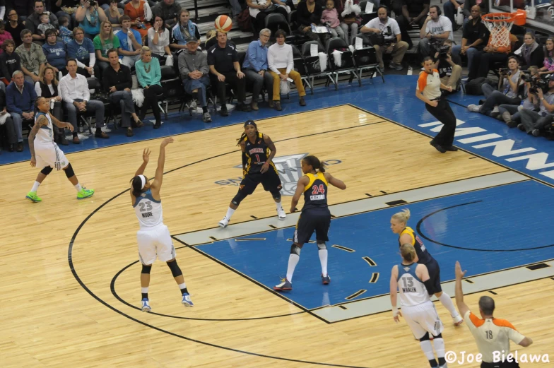 a group of women are playing a game of basketball